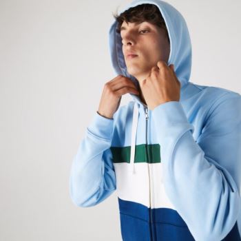 Lacoste Colorblock Fleece Zippered Hooded Sweatshirt - Mikiny Pánské Blankyt / Bílé / Zelene / Blank